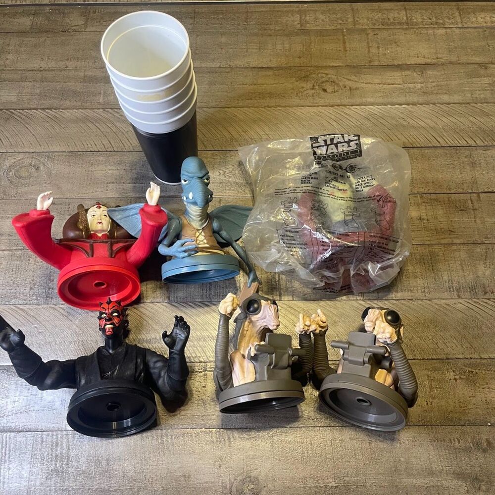Star Wars 1999 Character Cup Toppers Set of 6 Taco Bell Pizza Hut KFC + Cups